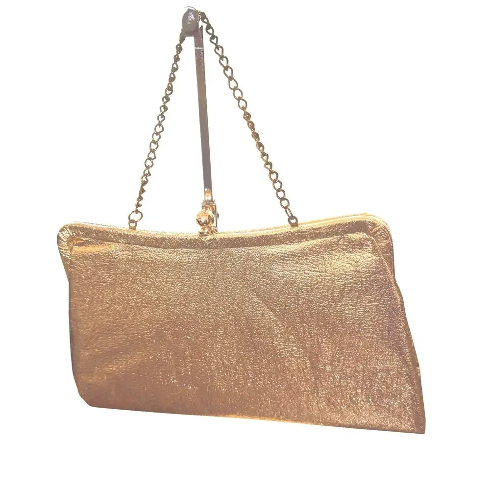Vintage 1960's Gold Crinkle Metallic‎ Clutch Convertible Evening Handbag